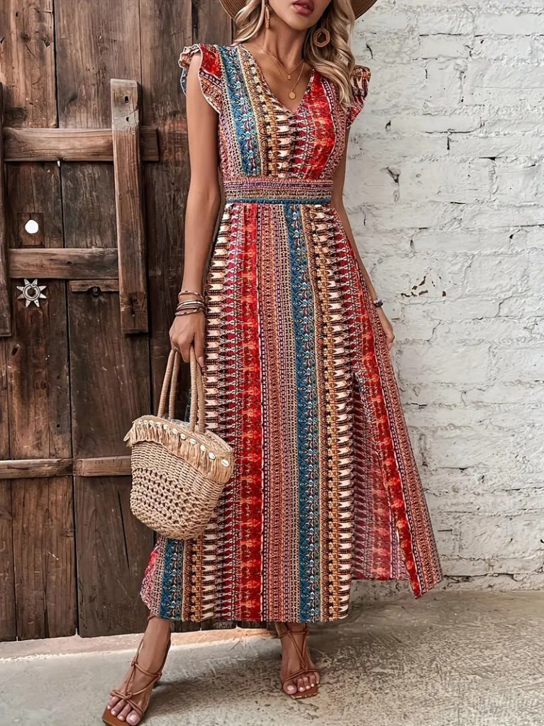 Women's Short-Sleeved V-Neck Patterned Supreme Dress with Side Slit, 23962