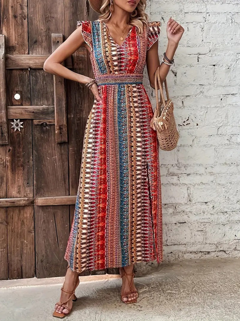 Women's Short-Sleeved V-Neck Patterned Supreme Dress with Side Slit, 23962
