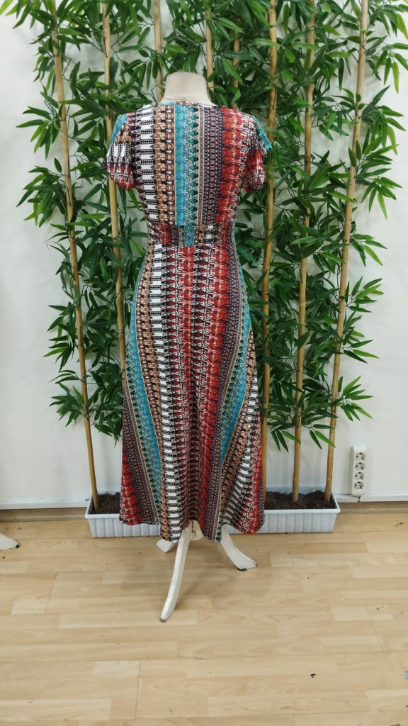 Women's Short-Sleeved V-Neck Patterned Supreme Dress with Side Slit, 23962