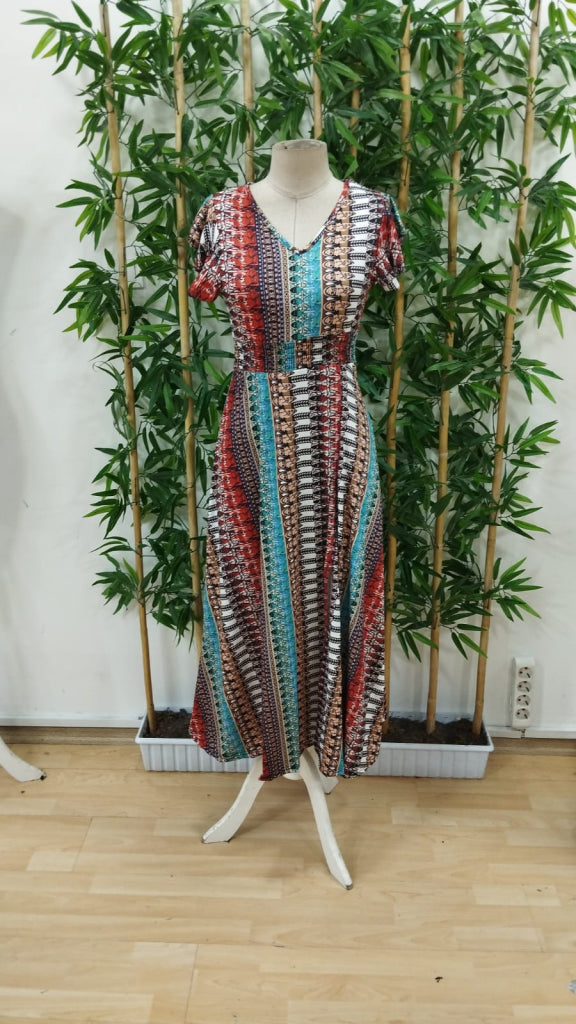 Women's Short-Sleeved V-Neck Patterned Supreme Dress with Side Slit, 23962
