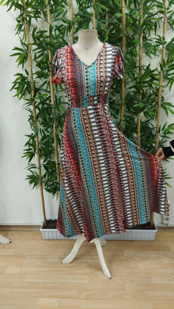 Women's Short-Sleeved V-Neck Patterned Supreme Dress with Side Slit, 23962