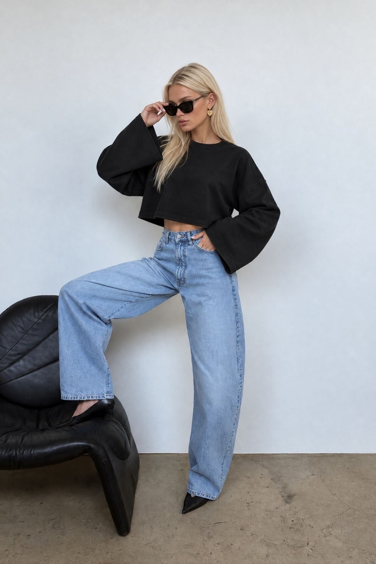 Geniş Kol Bisiklet Yaka Basic Sweatshirt - Sarı