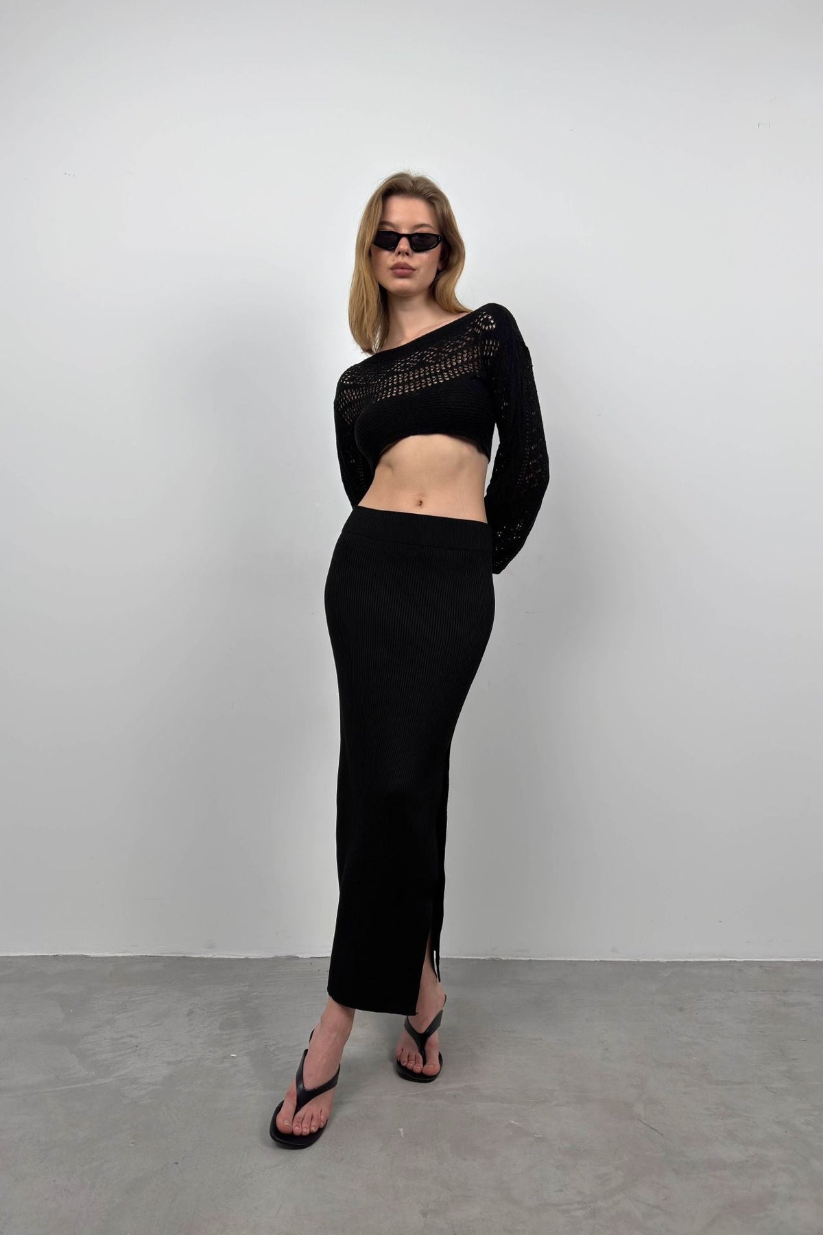 Örgü Detay Crop Triko Bluz - Siyah