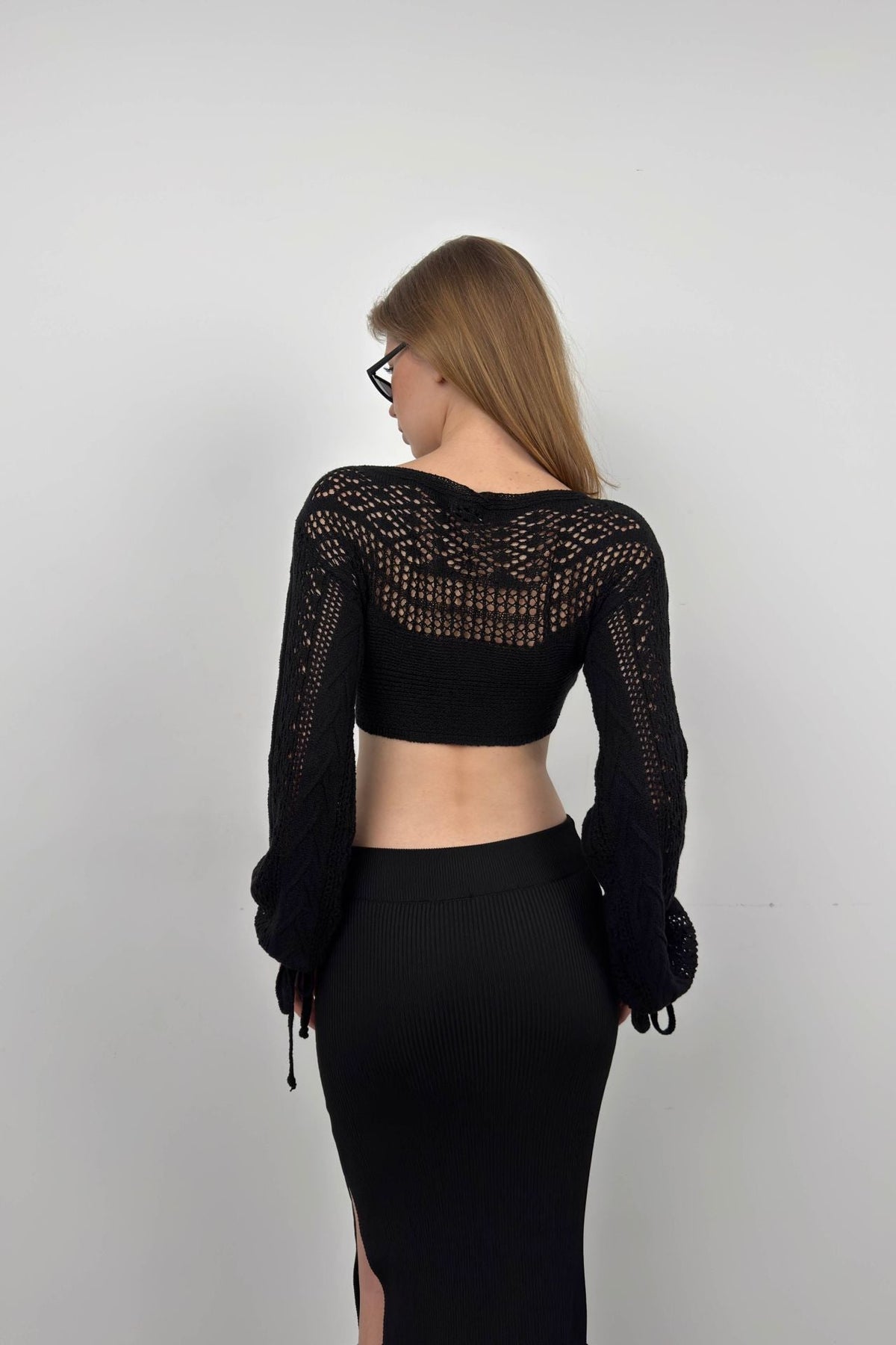 Örgü Detay Crop Triko Bluz - Siyah