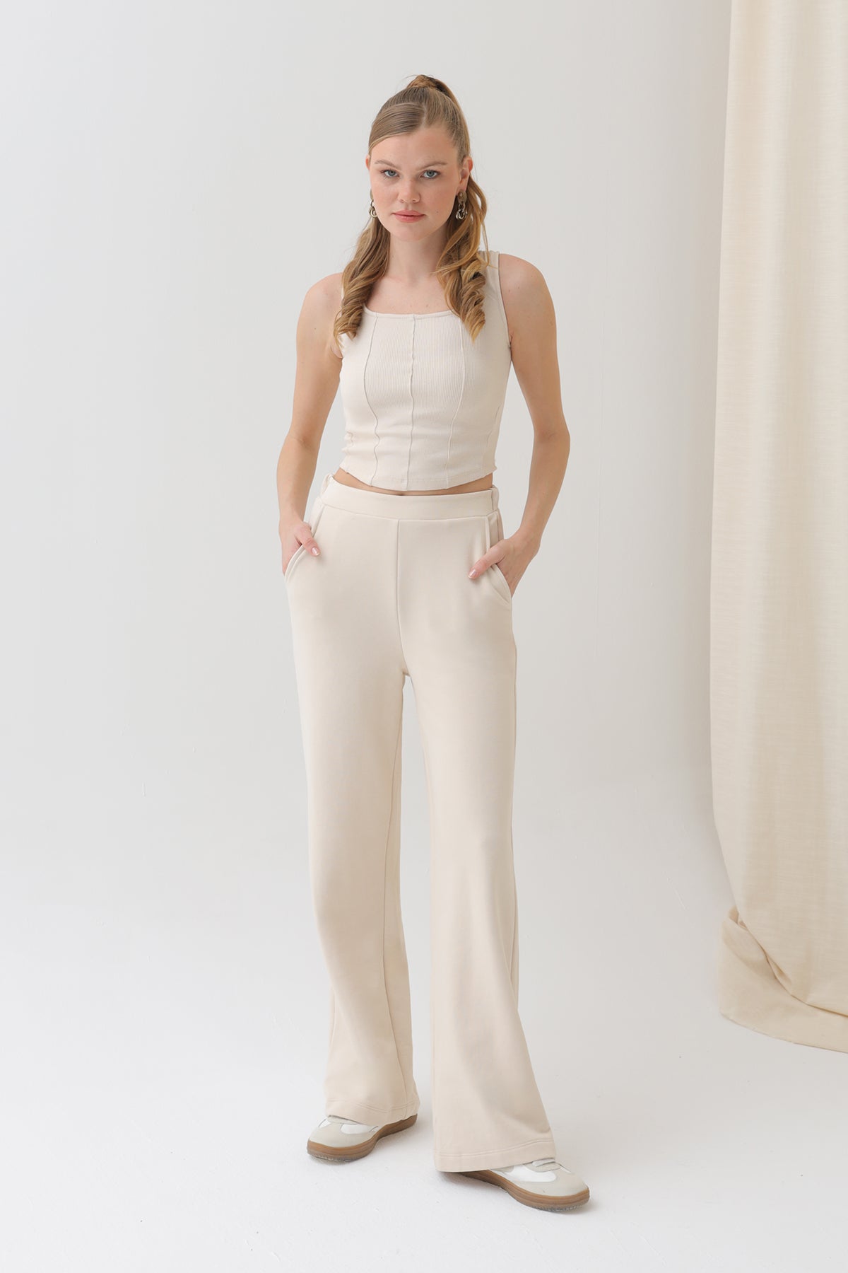 Kadın Geniş Paça Eşofman Altı  - 18152PNT - BEIGE