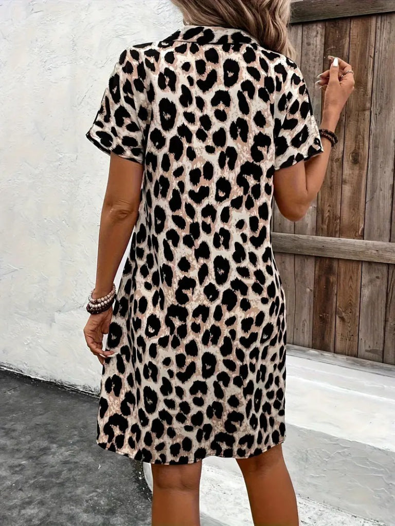 Women's Short Sleeve V-Neck Leopard Print Satin Mini Dress, 24018