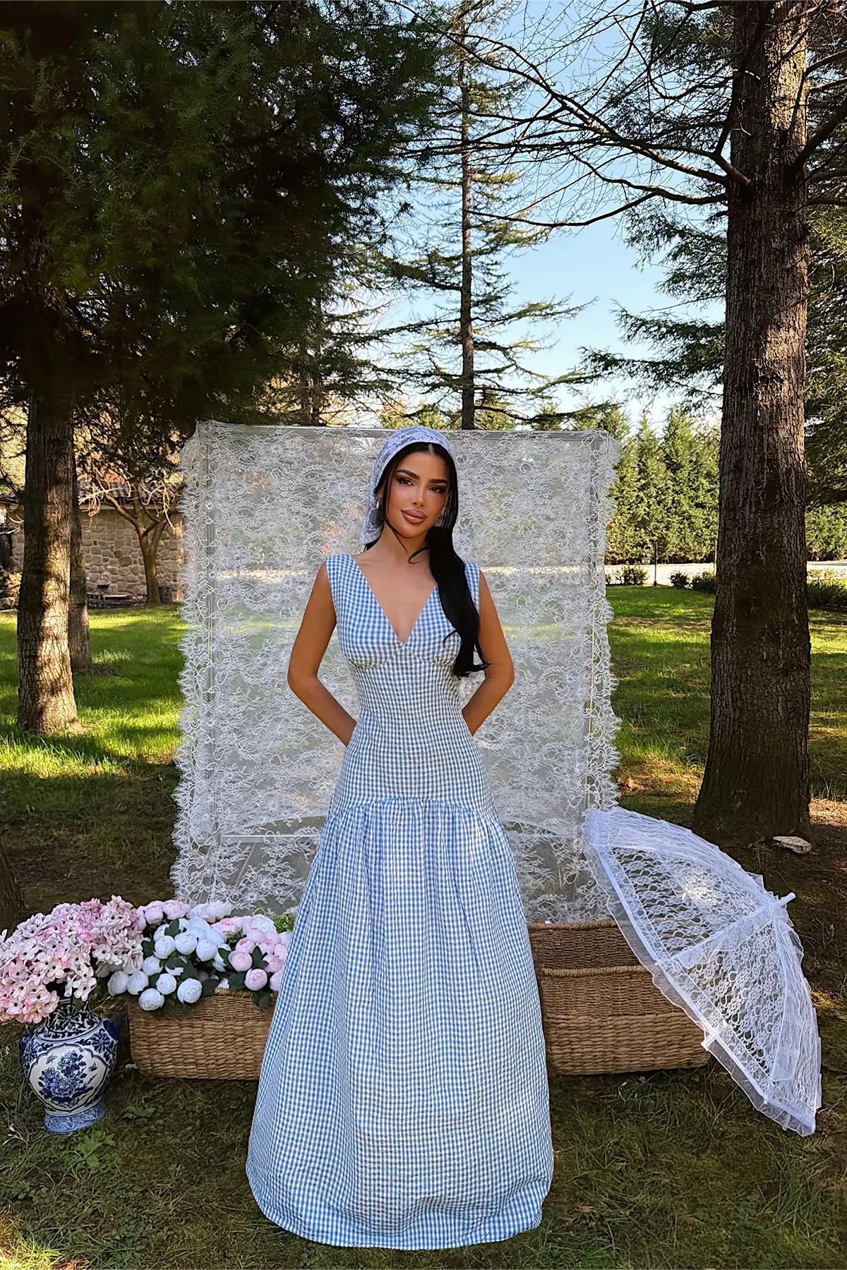 Mavi  Ekose Desenli Elbise