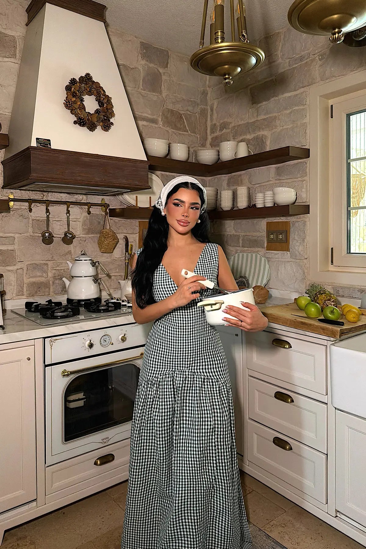 Yeşil Ekose Desenli Elbise