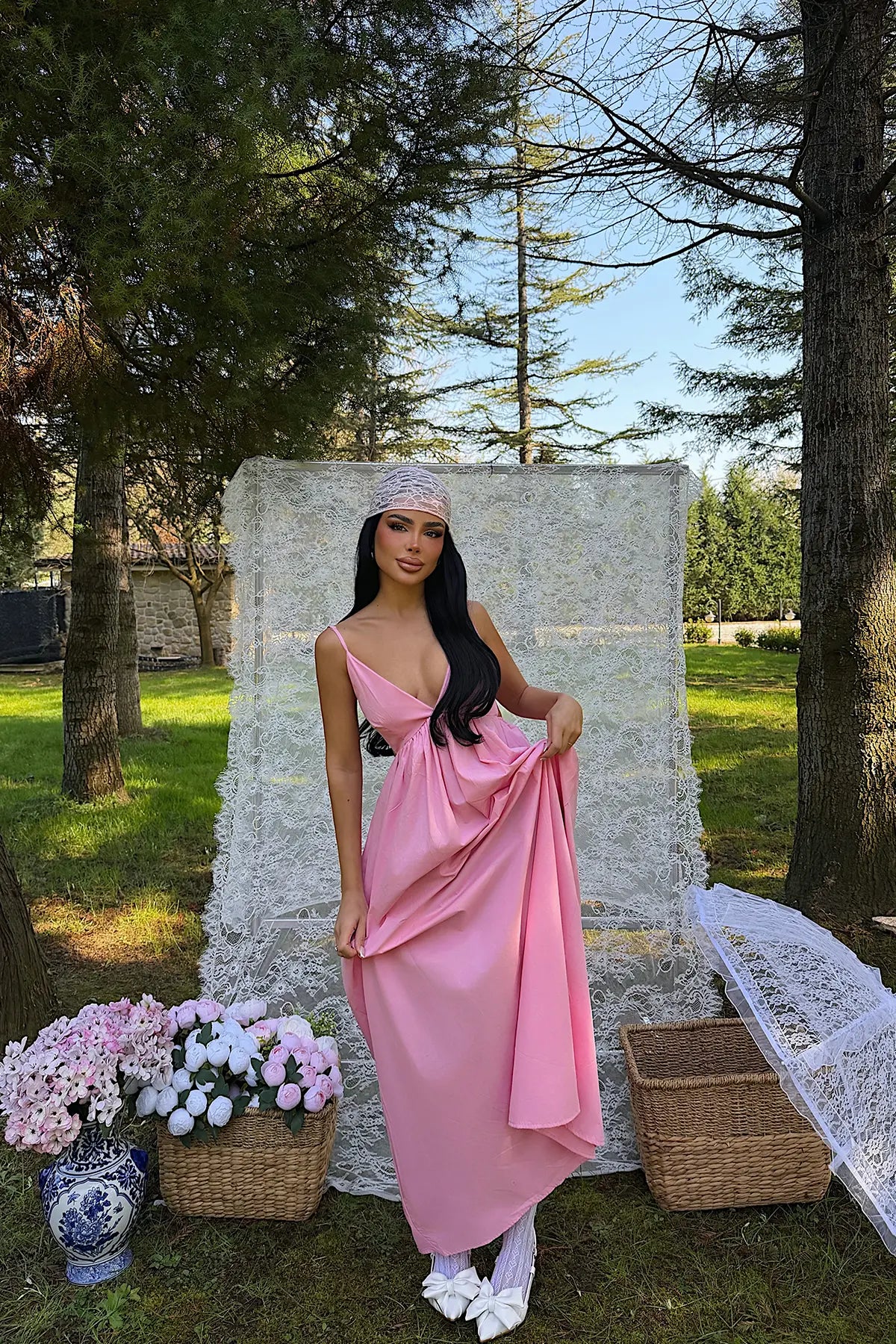 Pembe Askılı Uzun Elbise