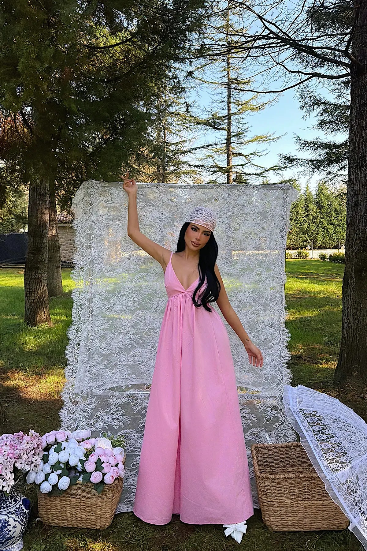 Pembe Askılı Uzun Elbise