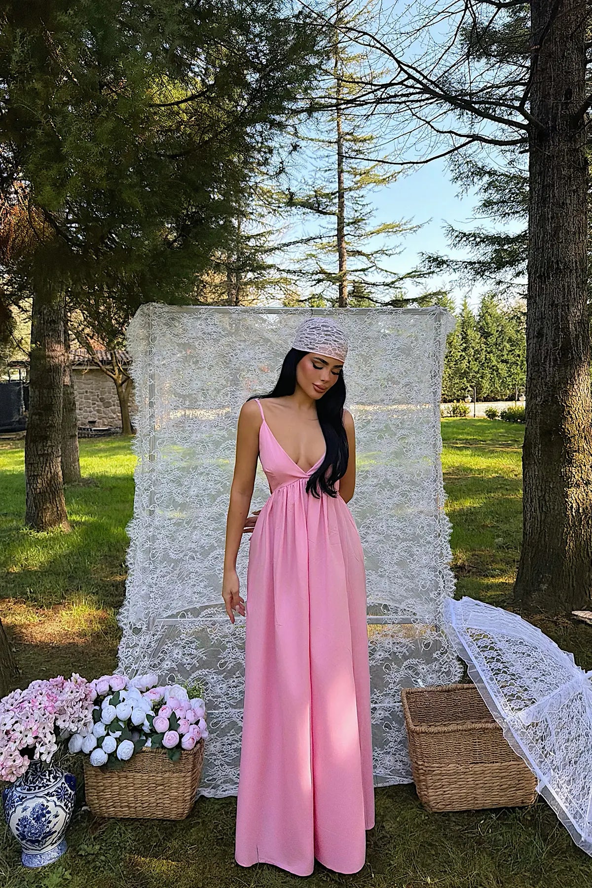 Pembe Askılı Uzun Elbise
