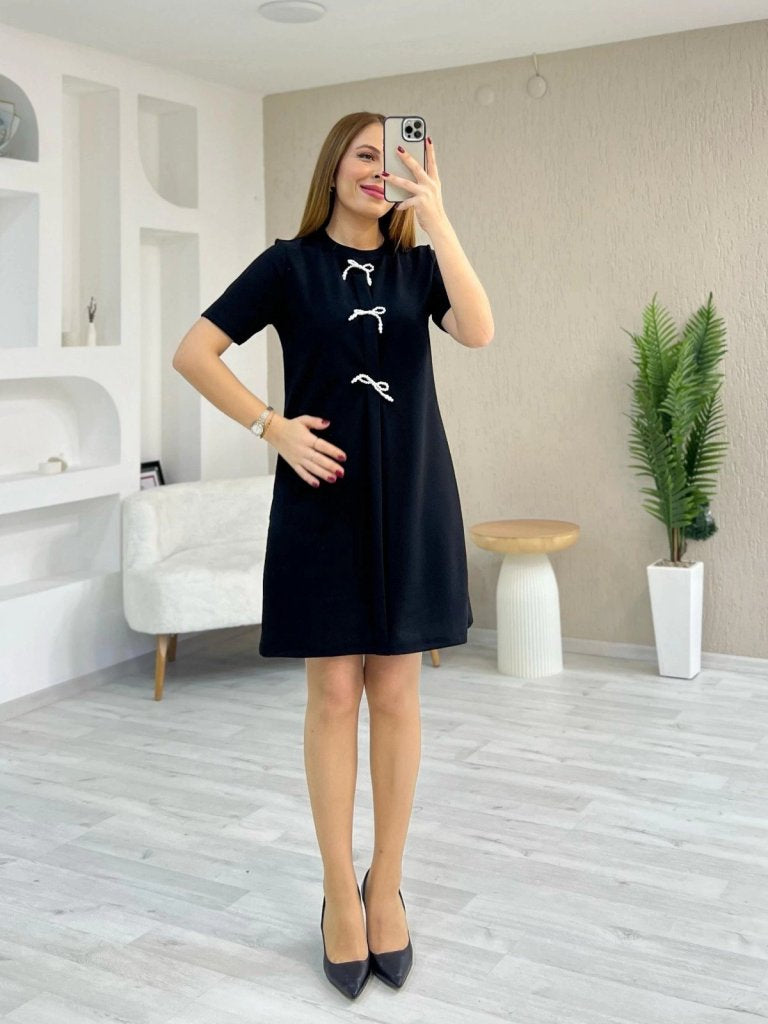 Women's Short Sleeve Crew Neck Imported Crepe Dress with Front Bow Detail, 24501