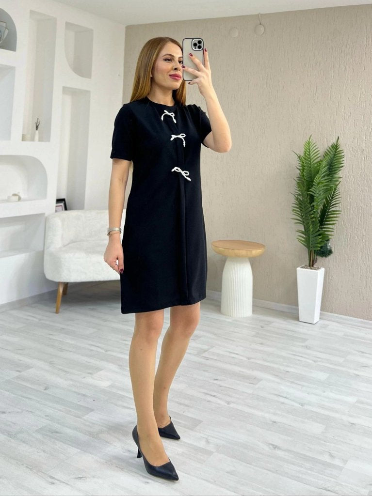 Women's Short Sleeve Crew Neck Imported Crepe Dress with Front Bow Detail, 24501