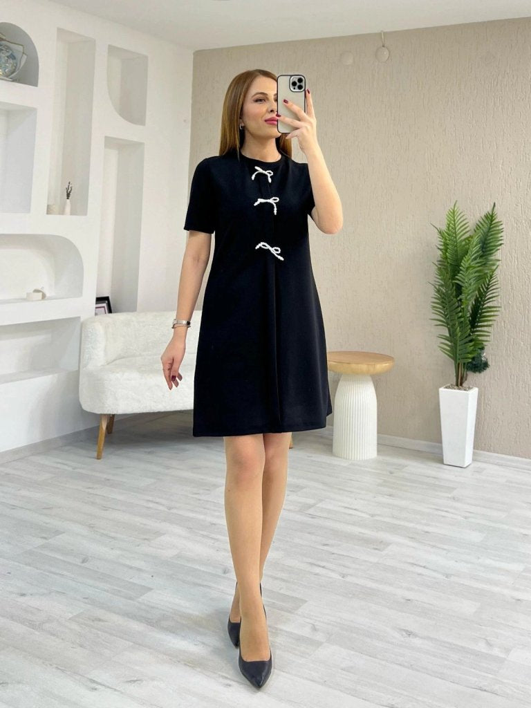 Women's Short Sleeve Crew Neck Imported Crepe Dress with Front Bow Detail, 24501