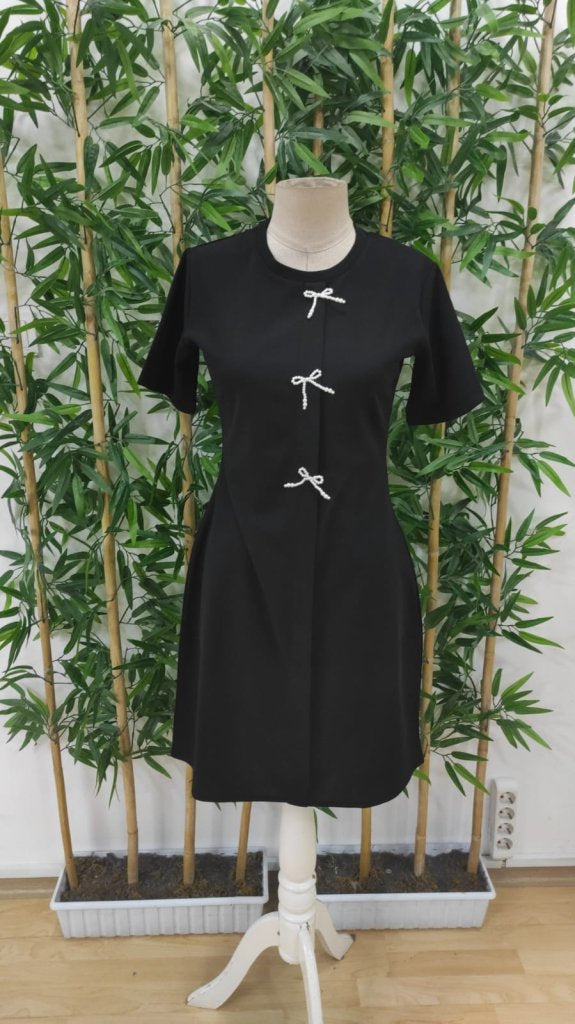Women's Short Sleeve Crew Neck Imported Crepe Dress with Front Bow Detail, 24501