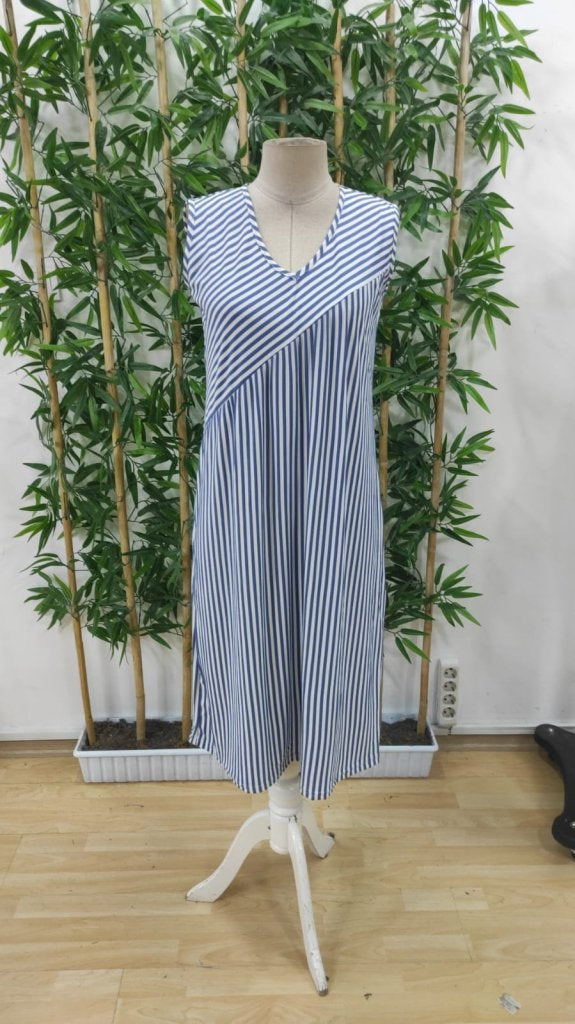 Women's V-Neck Striped Strappy Midi Knitted Viscose Dress, 31465