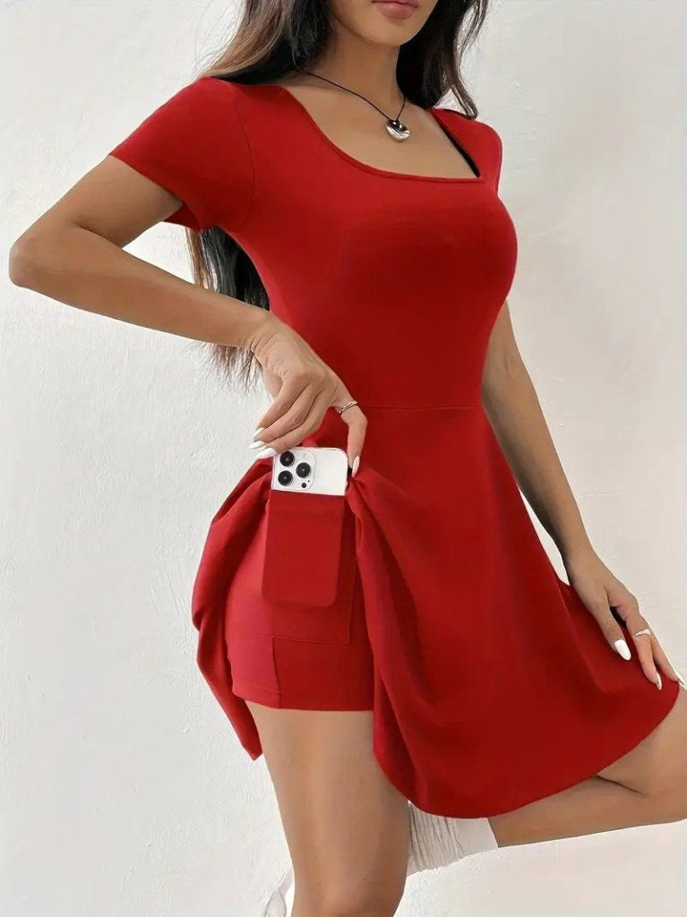 Kadın Kısa Kollu Kare Yaka Short Detaylı Cepli Dalgıç Elbise, 25590