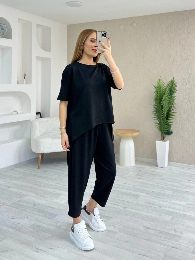 Kadın Kısa Kollu Bisiklet Yaka Viskon Iki Iplik Bluz Ve Pantolon Ikili Takım , 37760