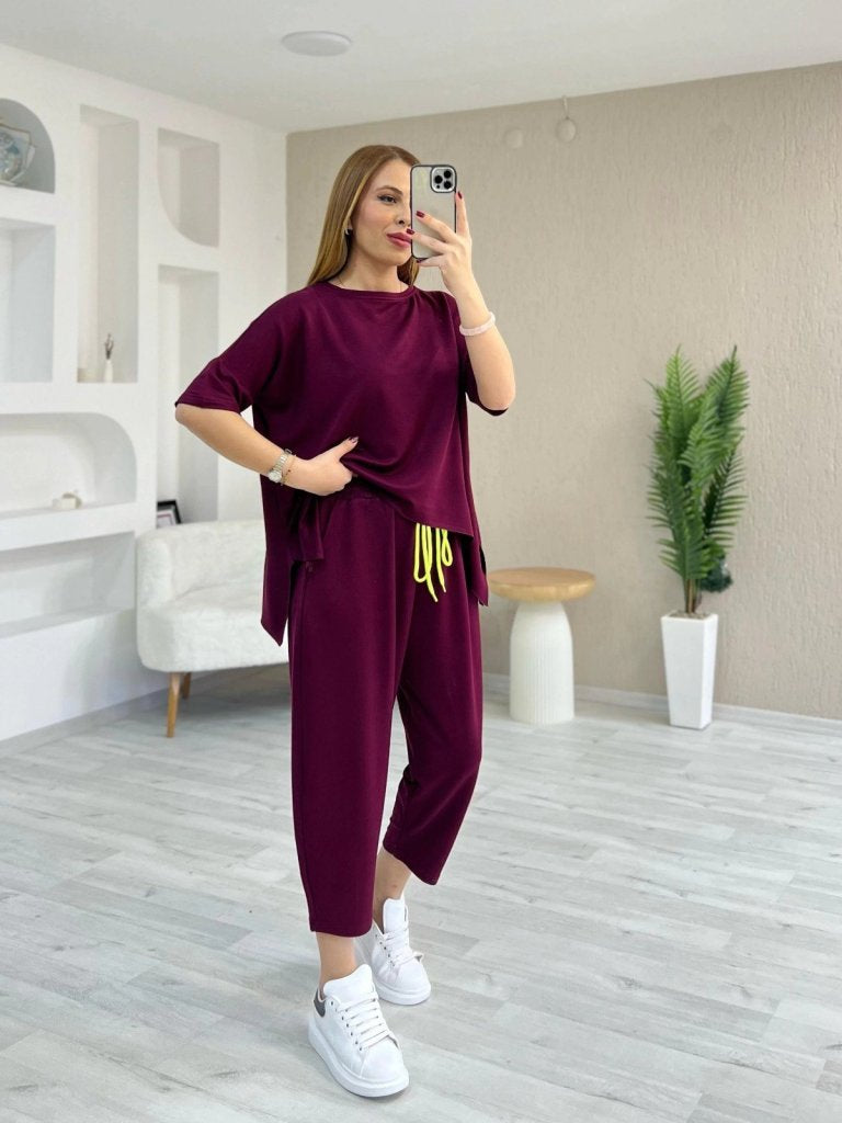 Kadın Kısa Kollu Bisiklet Yaka Viskon Iki Iplik Bluz Ve Pantolon Ikili Takım , 31229