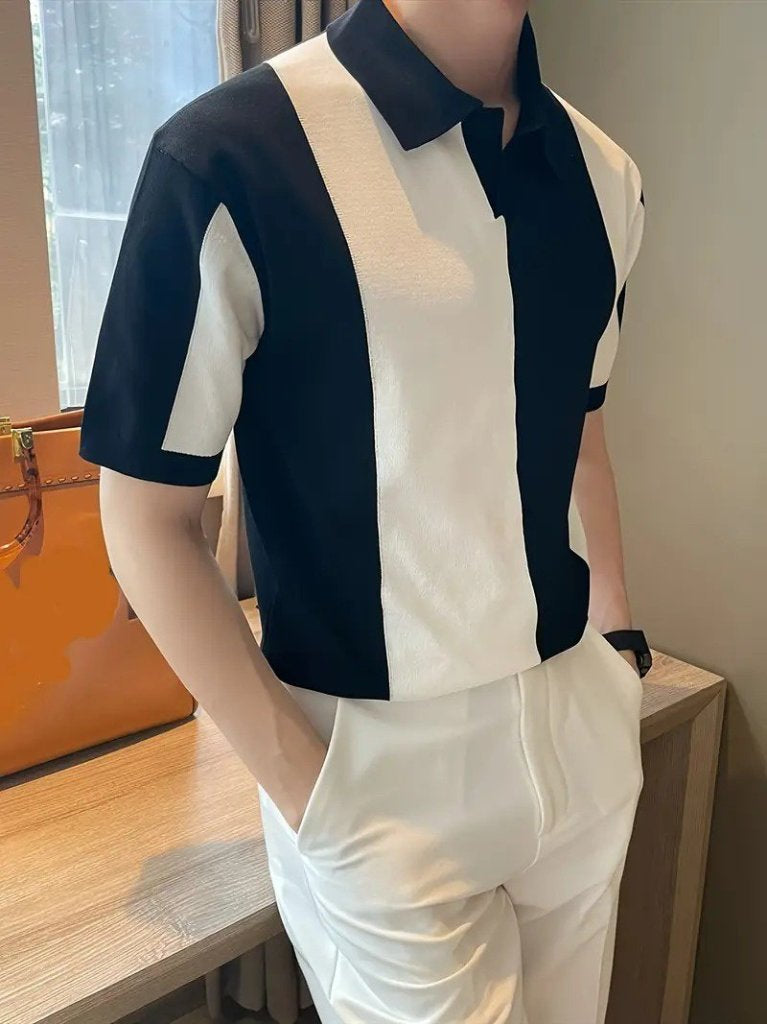 Erkek Kısa Kollu Polo Yakalı Blok Desenli Triko Bluz, 34161
