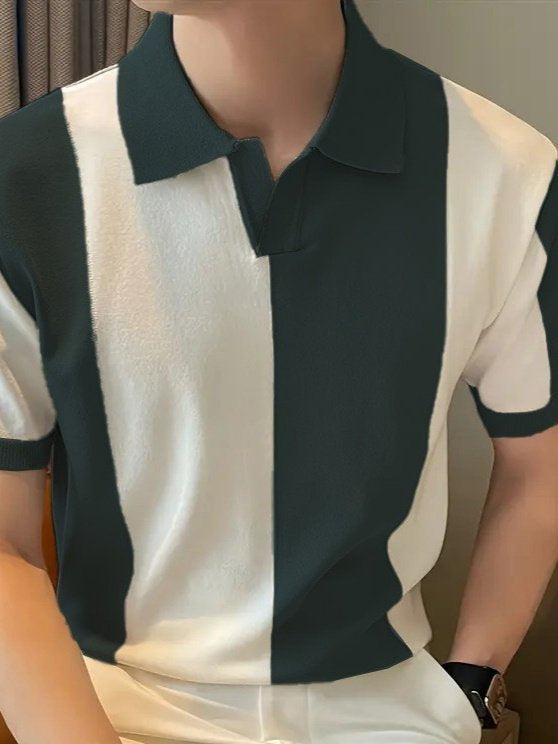 Erkek Kısa Kollu Polo Yakalı Blok Desenli Triko Bluz, 34162