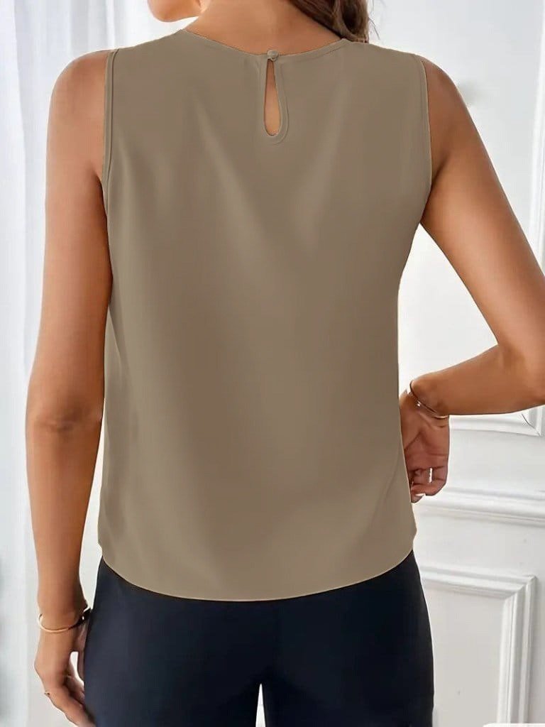 Women's Sleeveless Crew Neck Front Pleated Satin Blouse, 31525