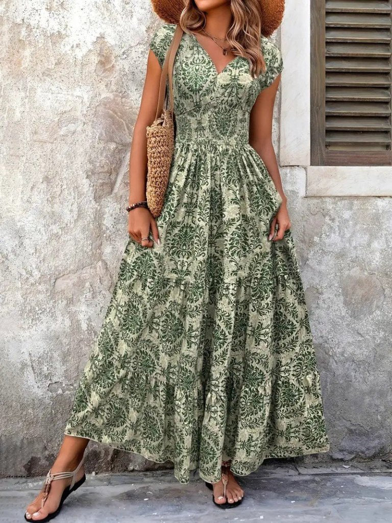 Kadın Kısa Kollu Kruvaze Yaka Beli Lastikli Süprem Maksi Boy Elbise, 37496