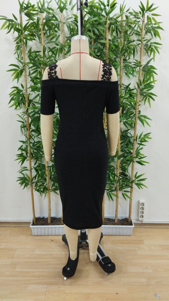 Women's Off-Shoulder Lace Strappy Ribbed Corset Midi Dress, 24903