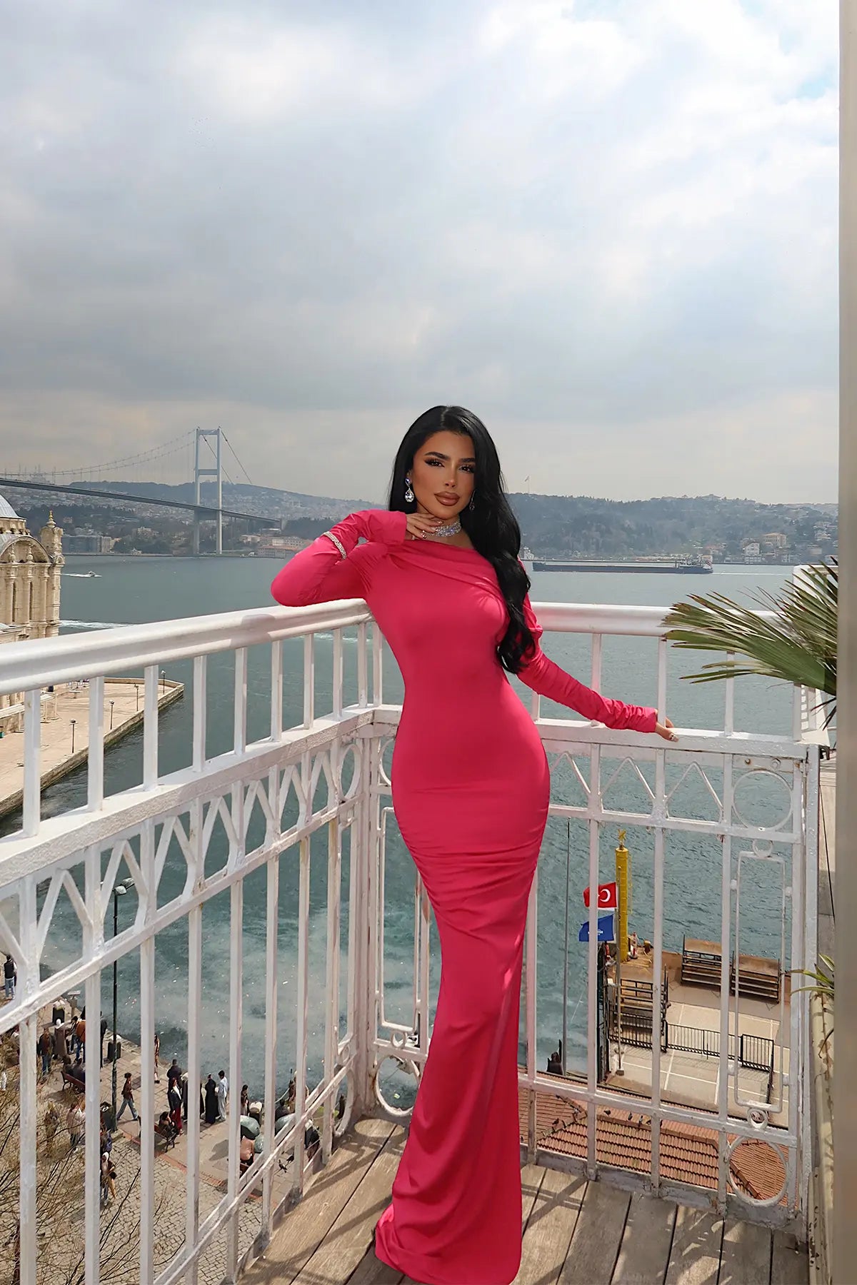 Fuşya Omuz Detay Uzun Elbise