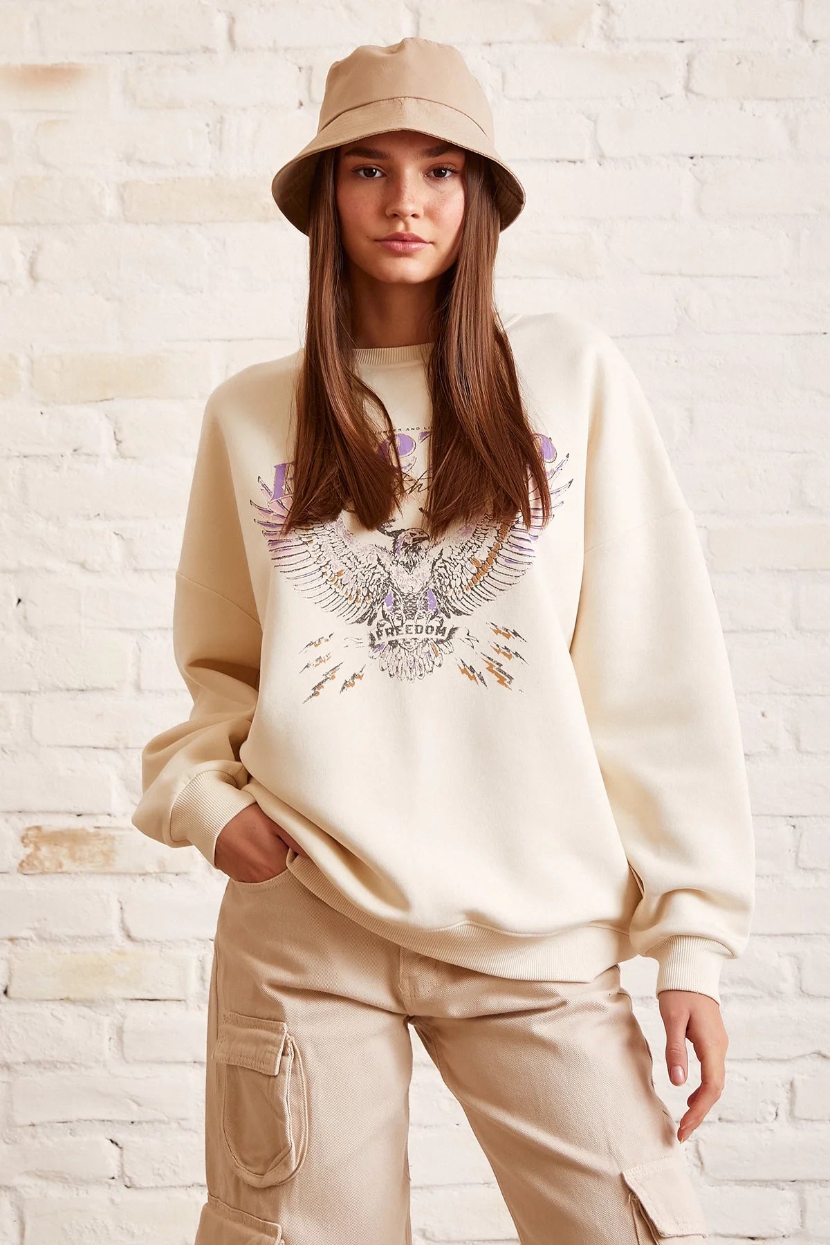 Bisiklet Yaka Baskılı Sweatshirt - Krem