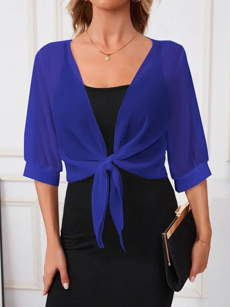 Women's Trocar Sleeve Front Tie Short Chiffon Bolero Jacket, 33503