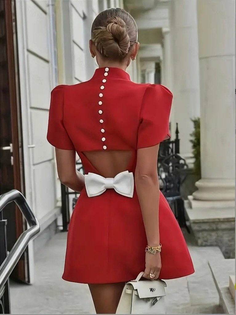 Women's Short Sleeve Turtleneck Back Butterfly Cutout Detail Short Satin Dress, 31416