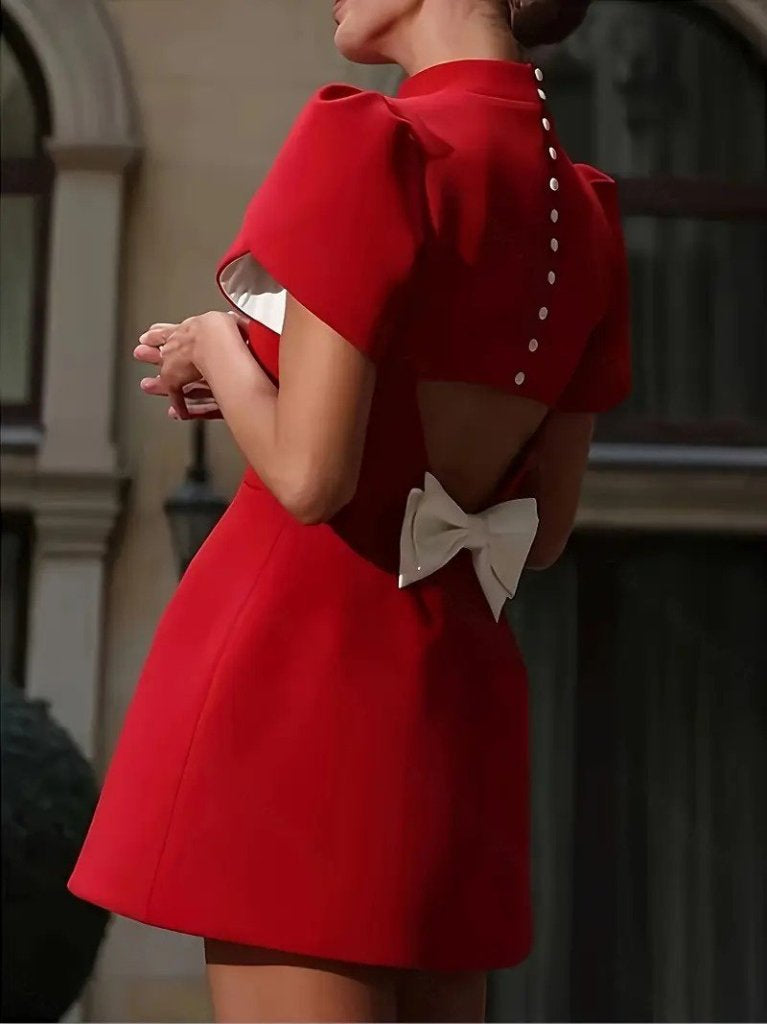 Women's Short Sleeve Turtleneck Back Butterfly Cutout Detail Short Satin Dress, 31416