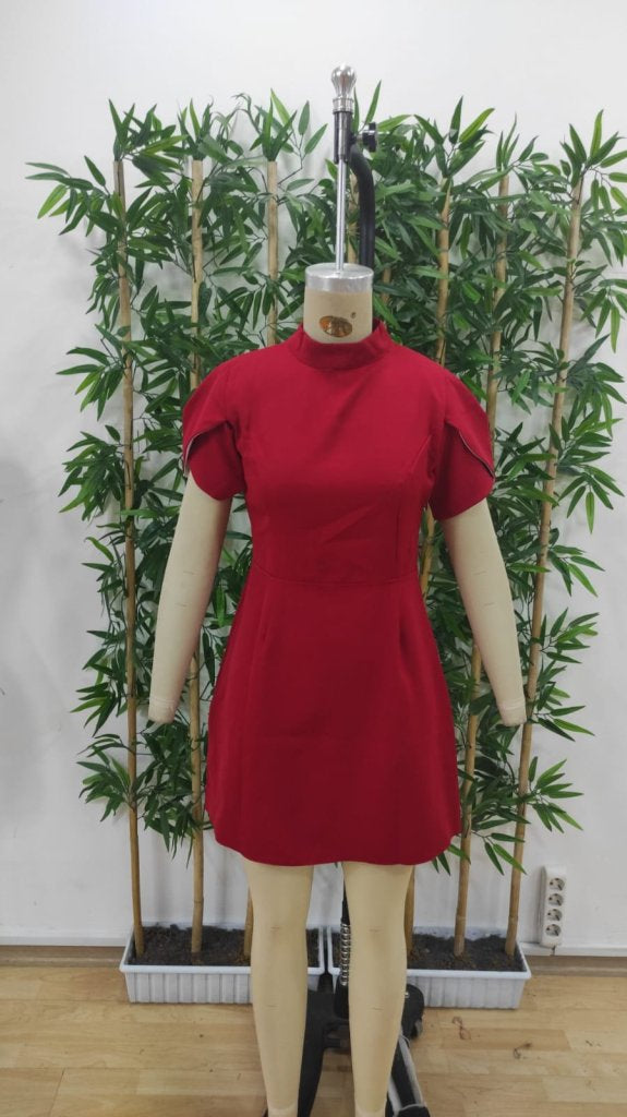 Women's Short Sleeve Turtleneck Back Butterfly Cutout Detail Short Satin Dress, 31416