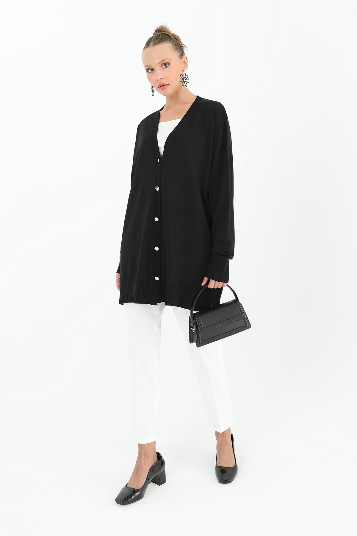 Kadın Çiçek Kabartmalı Basic Tunik  - 10482TUN - BLACK
