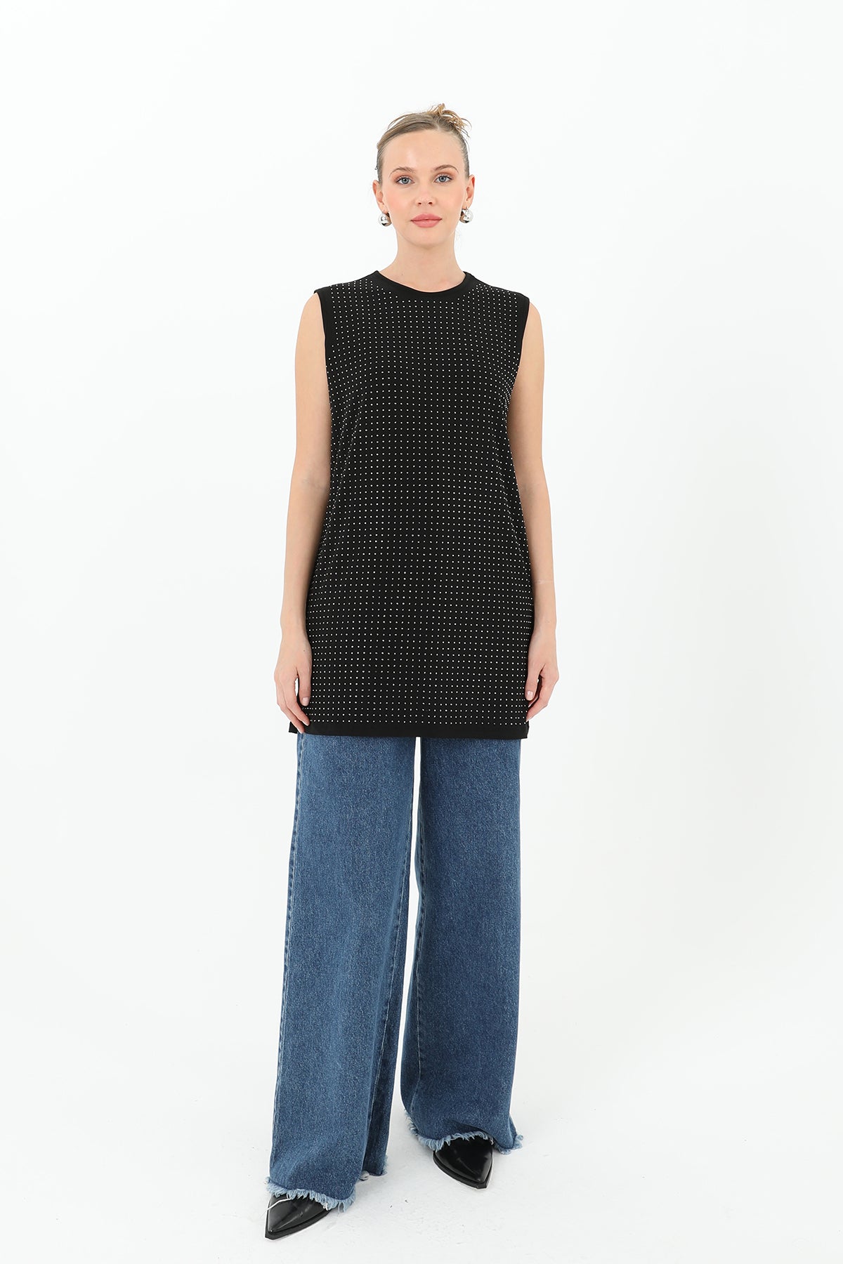 Kadın Sıfır Kol Taşlı Tunik -24S-10525TUN - BLACK