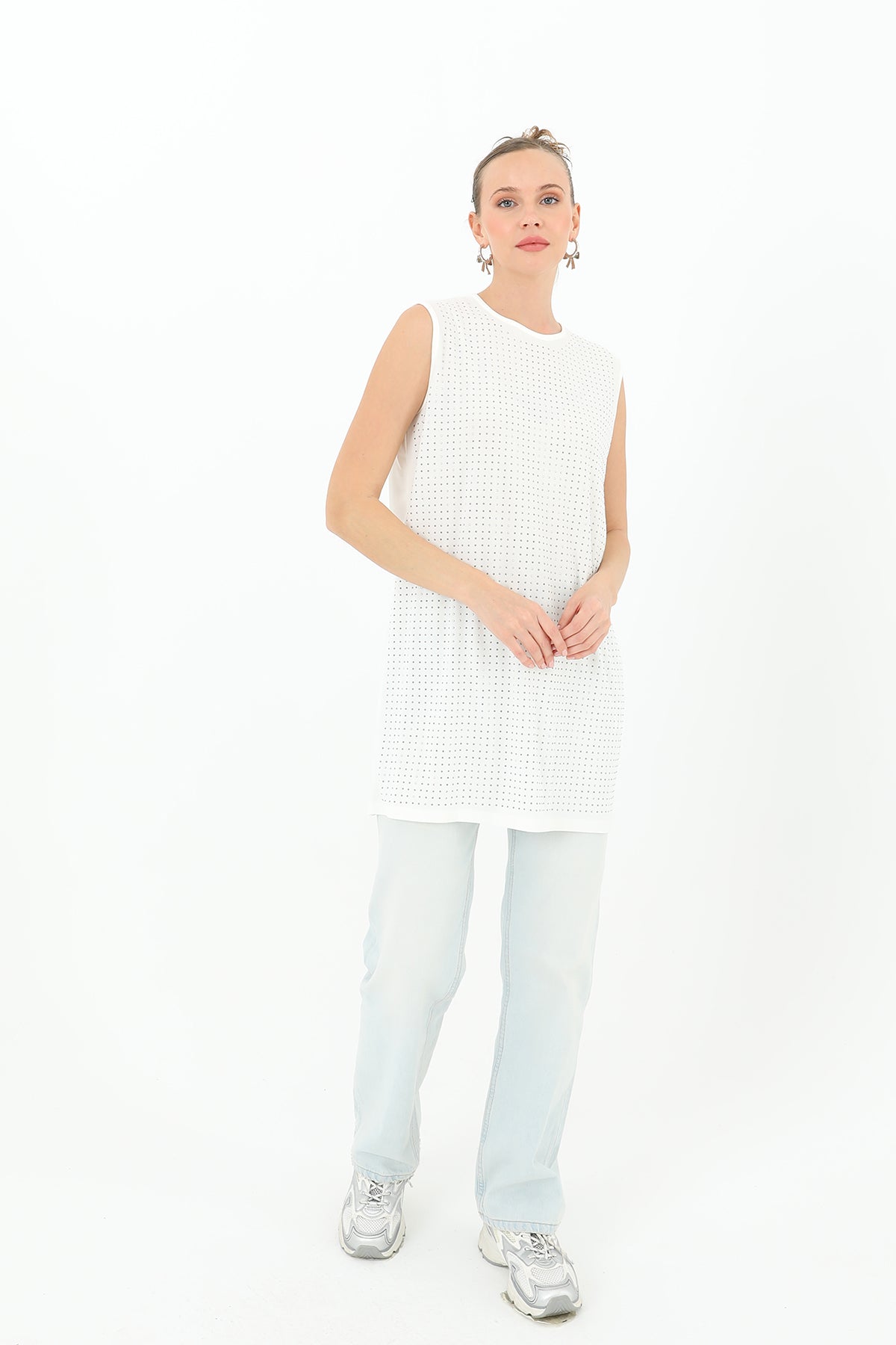 Kadın Sıfır Kol Taşlı Tunik -24S-10525TUN - ECRU