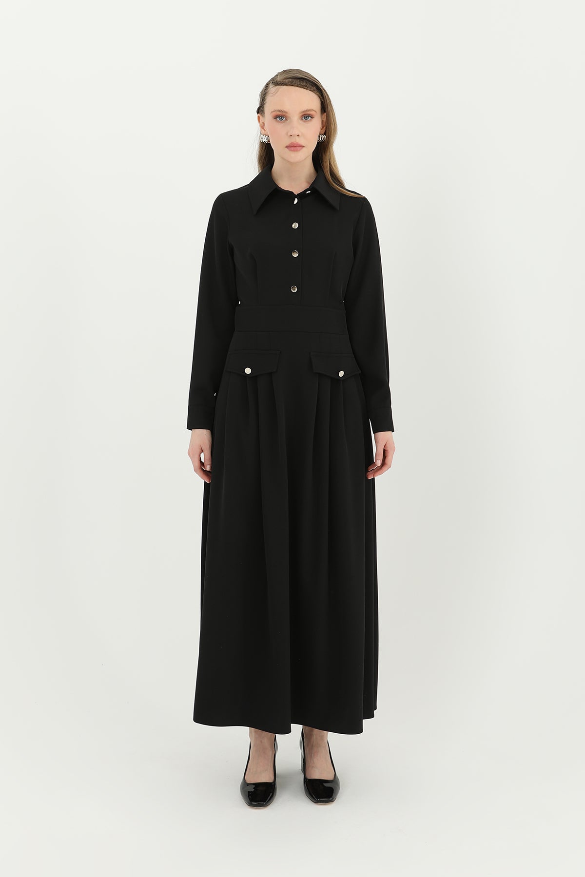 Kadın Gömlek Yaka Elbise - 12503ELB - BLACK