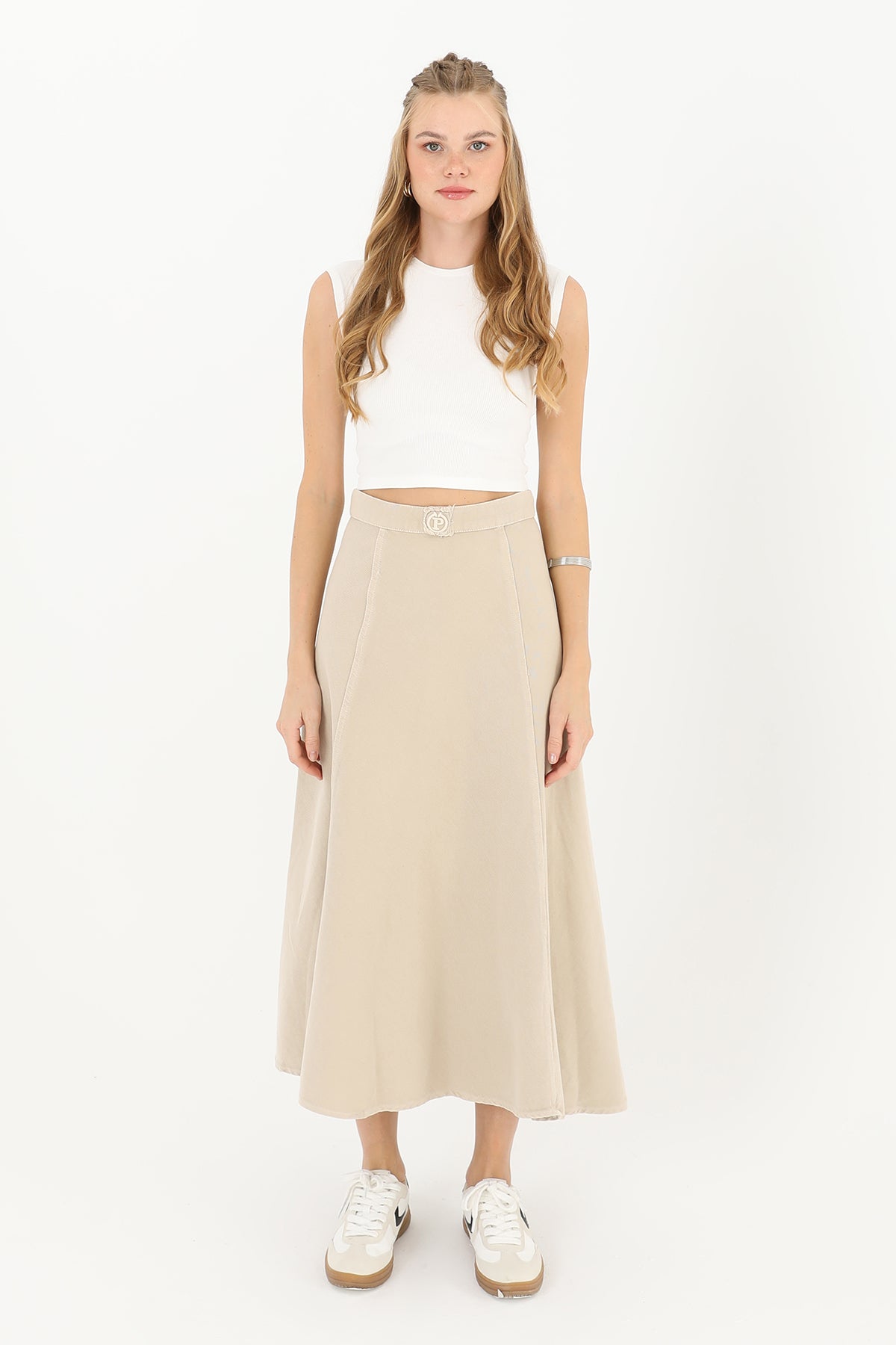 Kadın Gabardin Nakışlı Kloş Etek  - 18188ETK - MINK