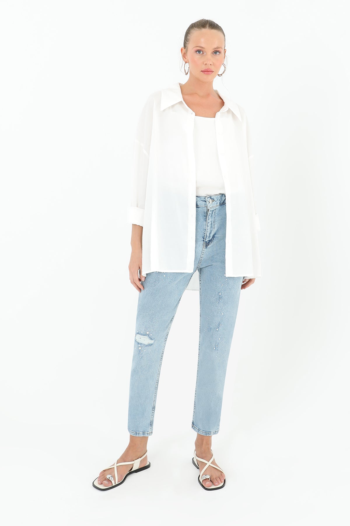 Kadın Yırtık Detaylı Kot Denim Pantolon  - 18192PNT - LIGHT BLUE