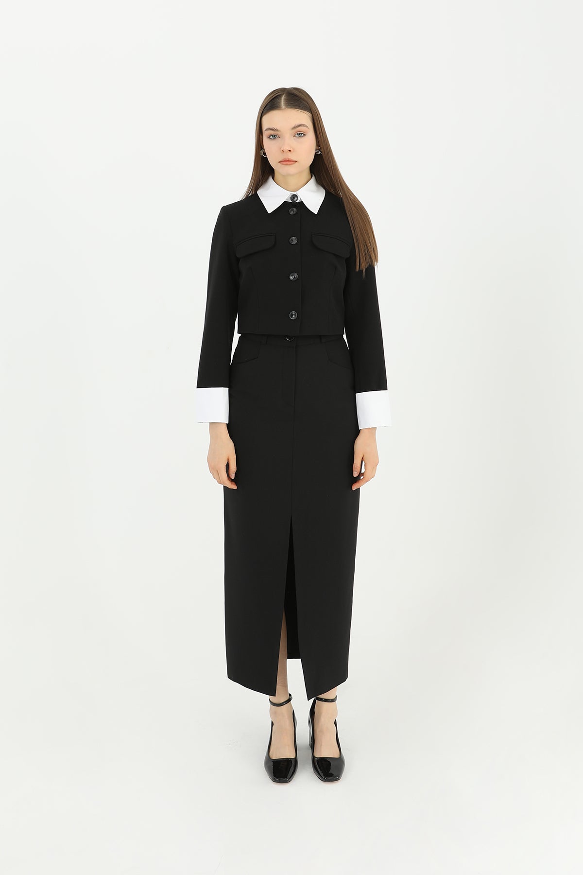 Kadın Önü Yırtmaçlı Kumaş Etek  - 31607ETK - BLACK