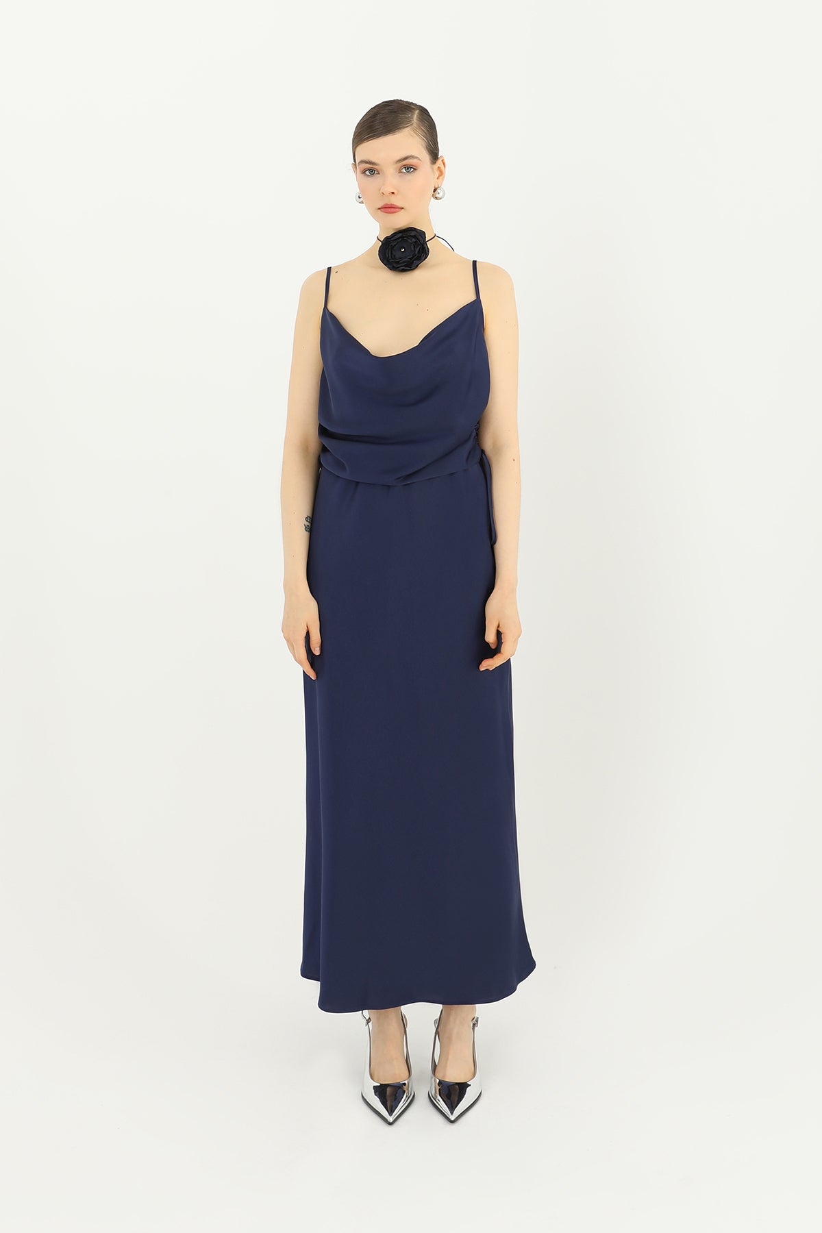 Kadın Saten Uzun Etek - 24S-31614ETK - NAVY