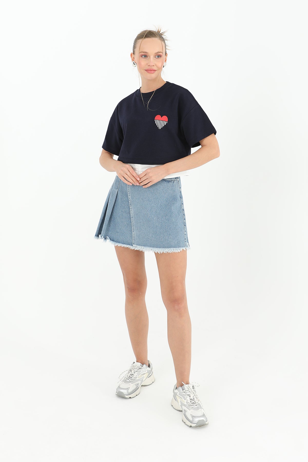 Kadın Poplin Garnili Baskılı T-shirt - 31640TSH - NAVY-ECRU