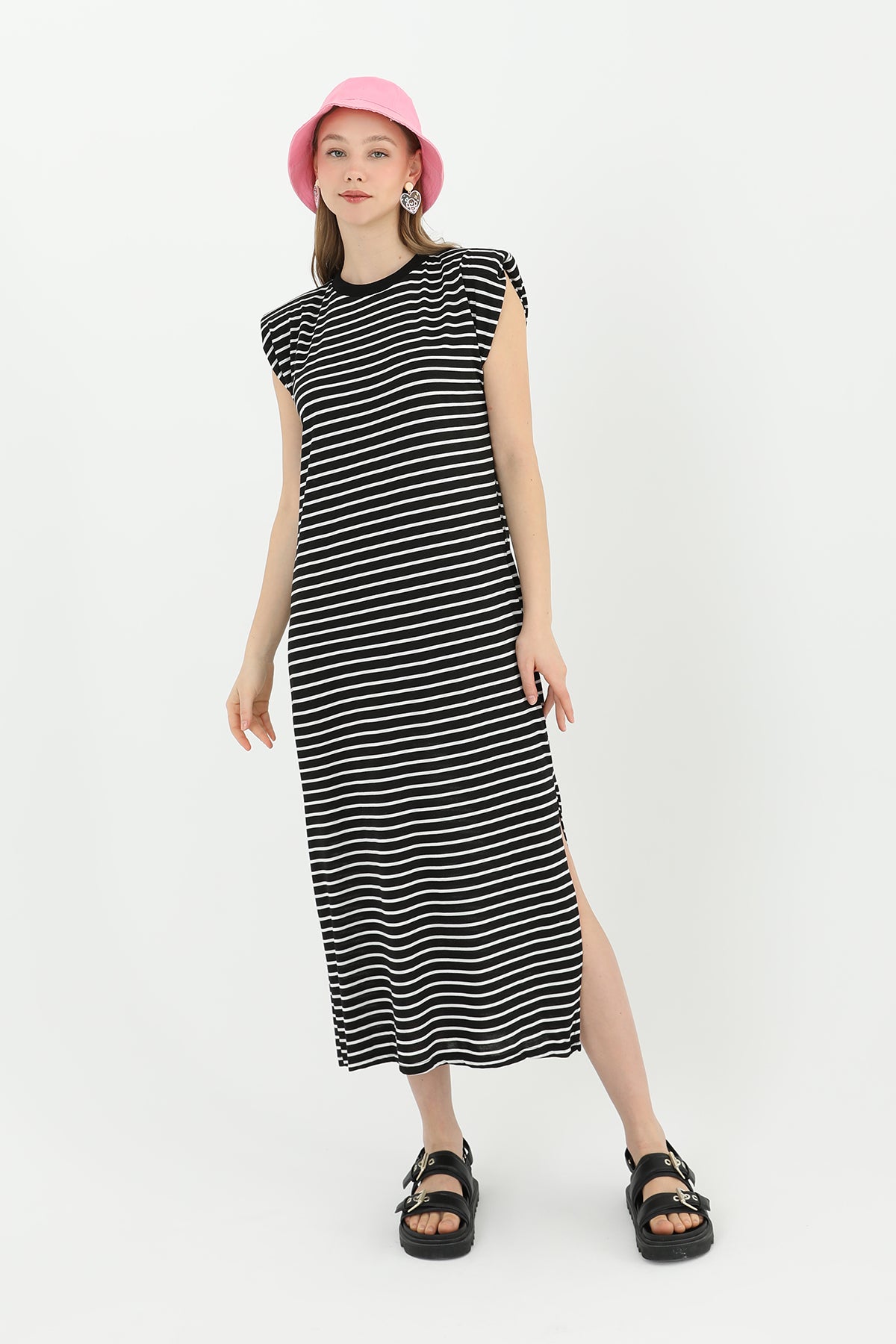 Kadın Çizgili Basic Elbise  - 31663ELB - BLACK-ECRU