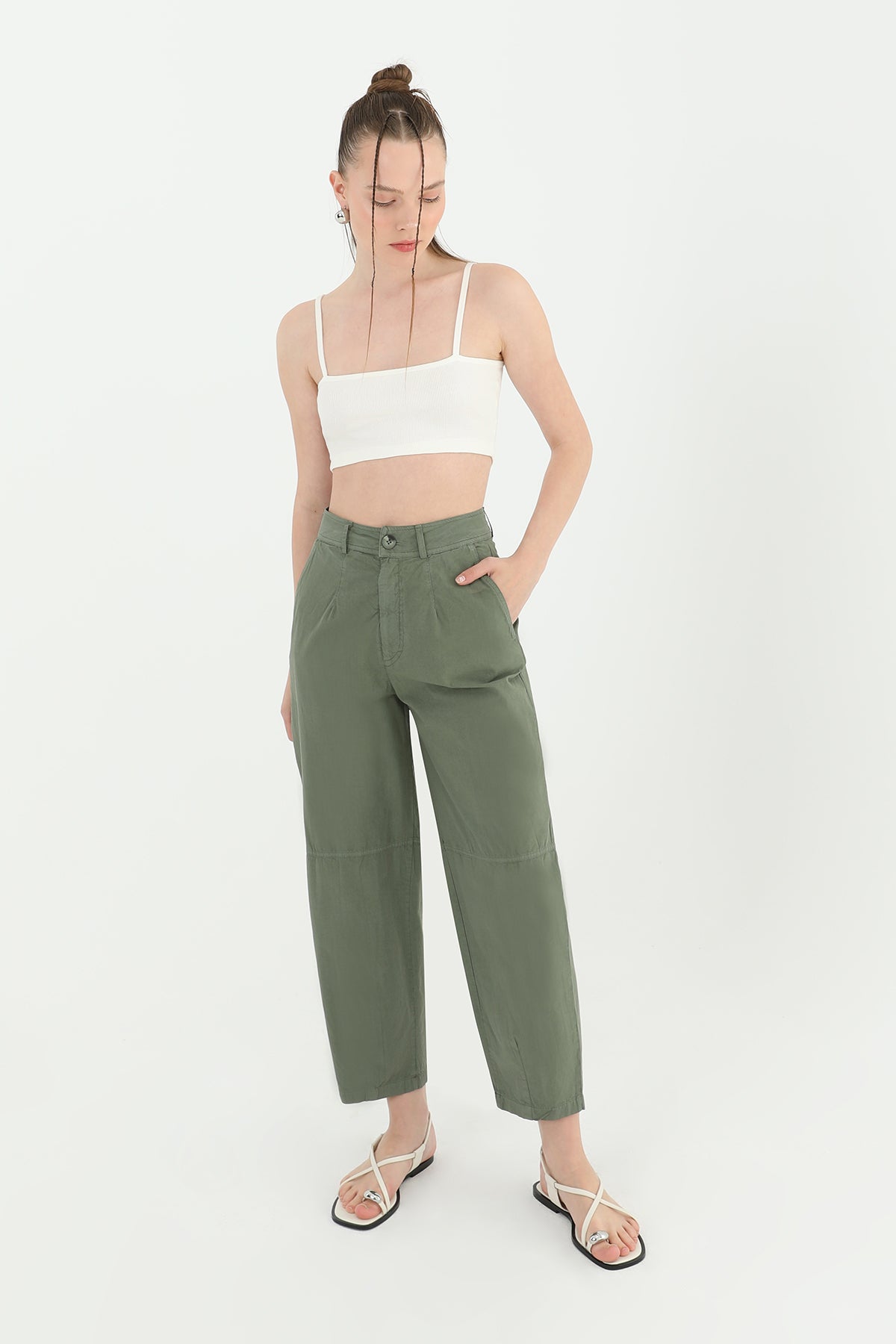 Kadın Yüksek Bel Cepli Pantolon  - 31710PNT - KHAKI