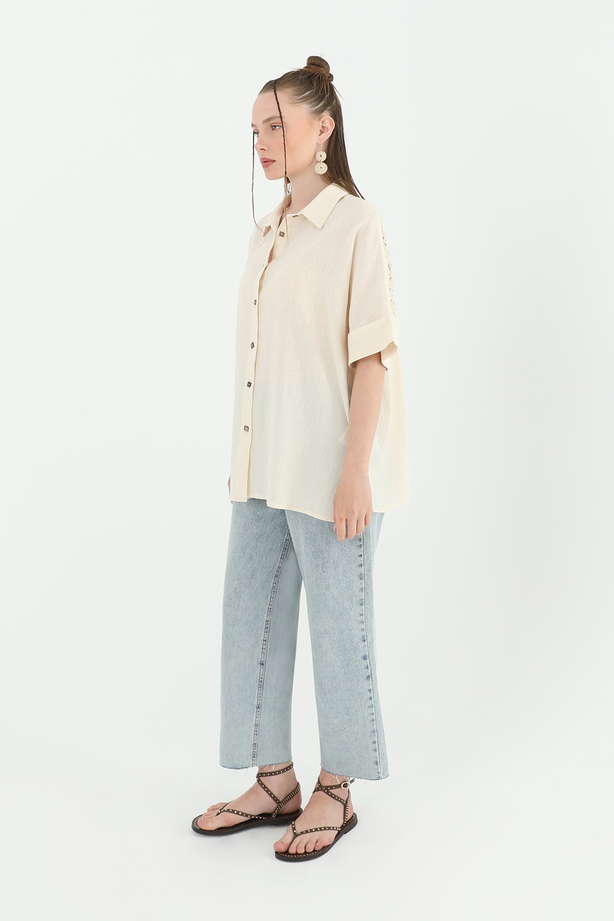 Women's Back Collar Lace Short Sleeve Shirt -24S-31792GML