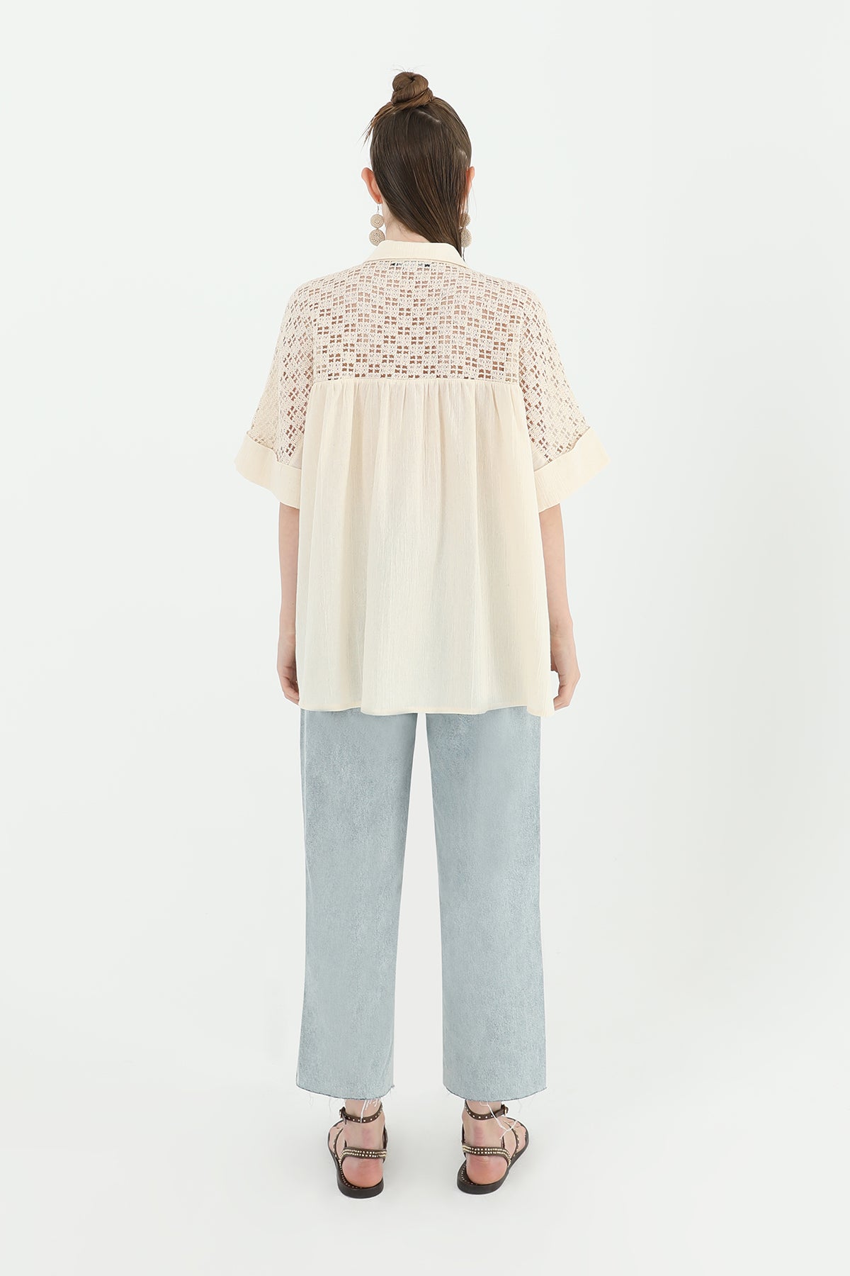 Women's Back Collar Lace Short Sleeve Shirt -24S-31792GML