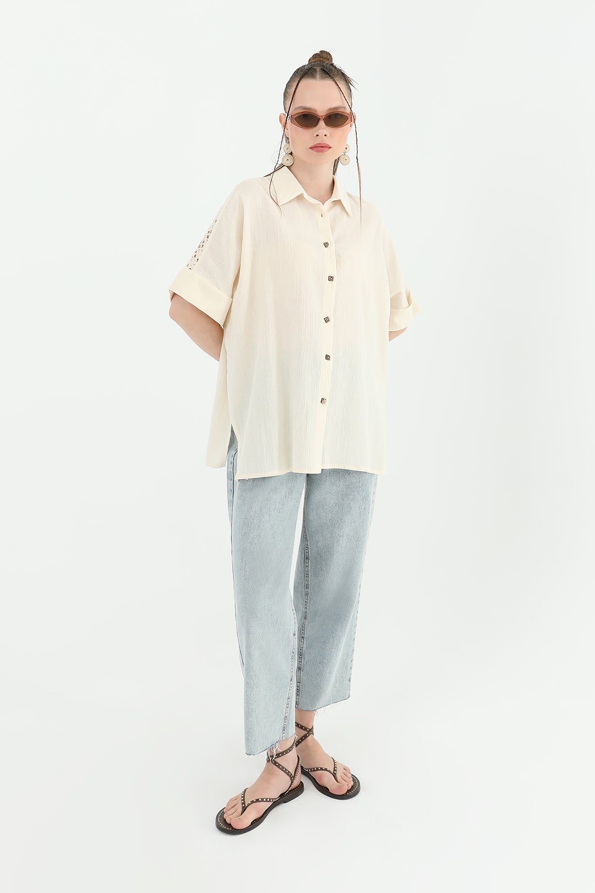 Women's Back Collar Lace Short Sleeve Shirt -24S-31792GML