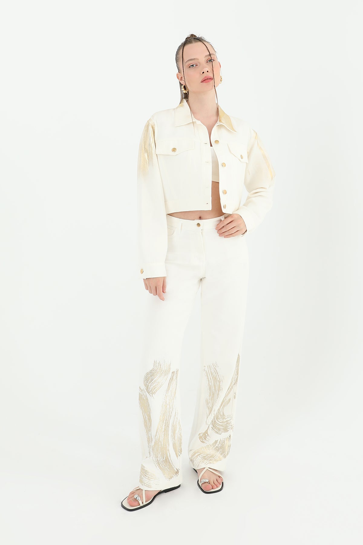 Kadın Varaklı Pantolon -24S-31798PNT - ECRU