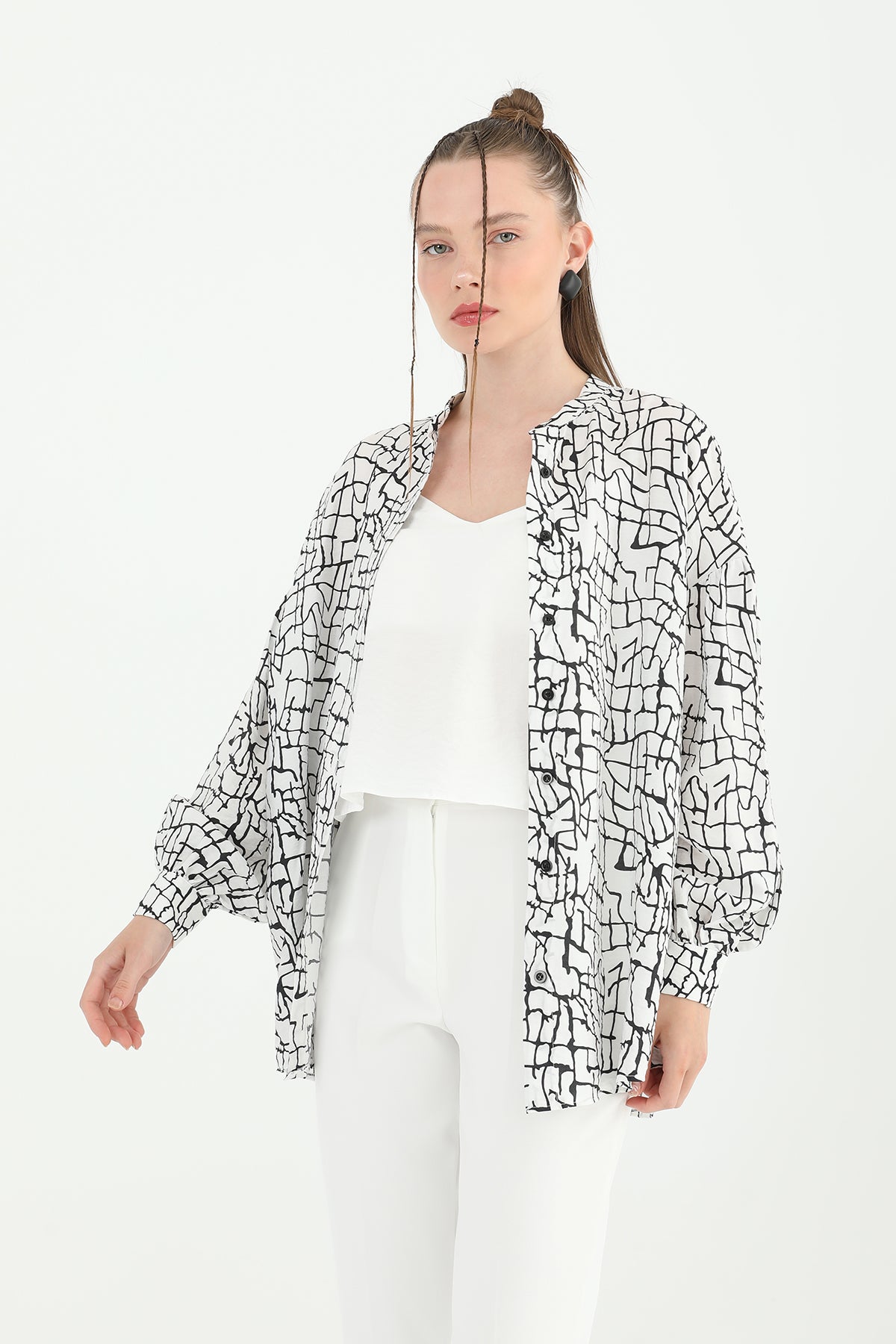 Kadın Desenli Atlet Ve Gömlekli Takım -24S-31811GML - ECRU-BLACK